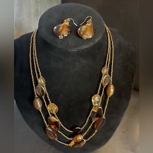 Multi strand Beaded necklace and  2 pairs of earrings
